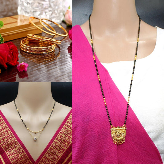 Soni Jewellery Alloy Gold-plated Mangalsutra Combo & Bangles Combo For Women (Pack Of 3) (1 Long Mangalsutra, 1 Short Mangalsutra, 1 Bangle Set)