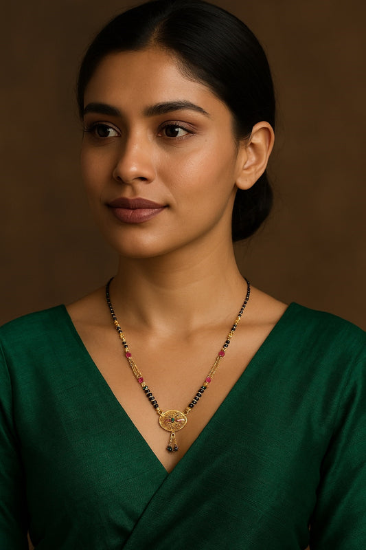 Traditional Gold-Plated Mangalsutra with Ruby Beads & Round Pendant – Elegant Daily Wear Design