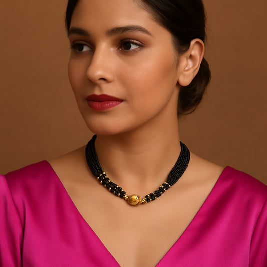 Classic Round Bead Mangalsutra – 1 Gram Gold Plated Black Bead Choker Necklace ✨