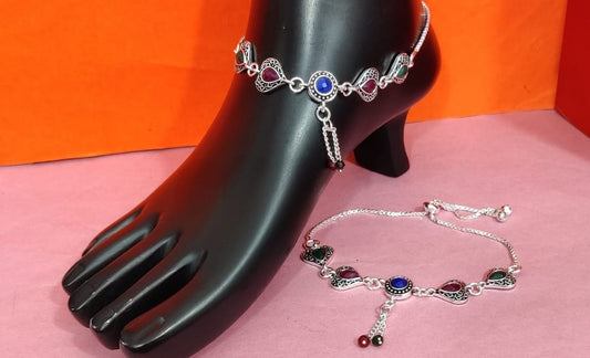 Heart Design Silver-Plated Payal with Multi-Color Stones – Trendy Oxidised Anklet for Women