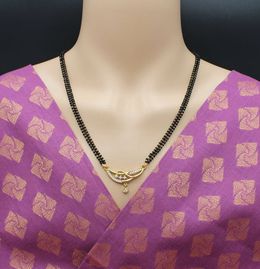Elegant Double-Line Black Beads Mangalsutra with Gold-Plated CZ Pendant