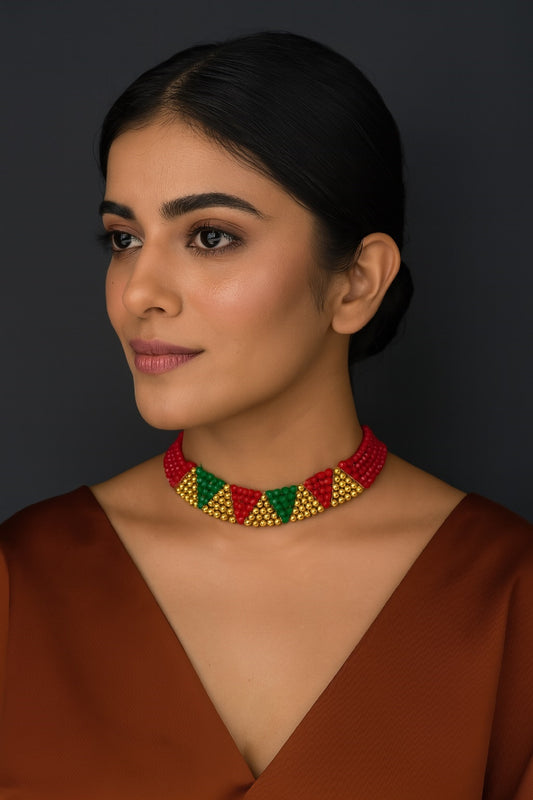 Bold Multicolor Triangle Beaded Choker Necklace – Handcrafted Festive Jewellery for Women