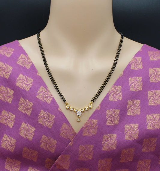 Elegant Double-Line Black Beads Mangalsutra with CZ Stone Pendant