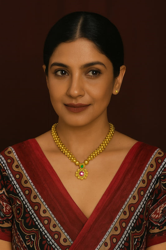 Royal Gold-Plated Floral Pendant Necklace with Pink & Green Stones – Traditional Bridal & Festive Jewellery