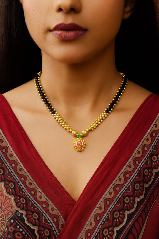 Traditional Gold-Plated Dual-Layer Mangalsutra with Ruby-Green Pendant 💛