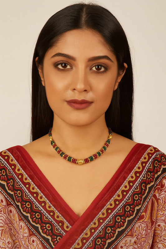Classic Red & Green Beaded Necklace with Golden Centerpiece – Traditional Festive Jewellery for Women