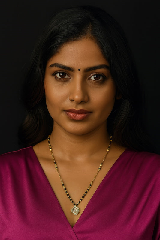 Gold-Plated Mangalsutra with Black Beads & Hexagon Stone Pendant – Stylish Daily & Festive Wear