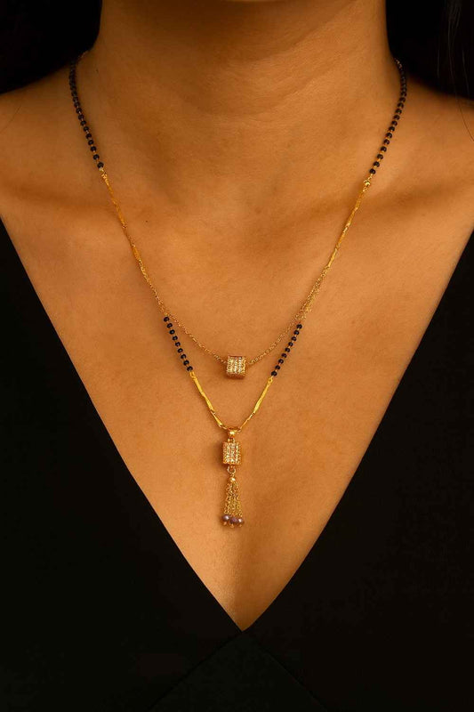 Dual-Layer Square Pendant Mangalsutra – Premium Gold-Plated Black Bead Chain for Modern Brides
