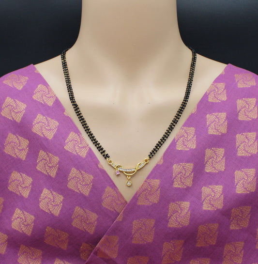 Stylish Double-Line Black Bead Mangalsutra with Dual Charm CZ Pendant