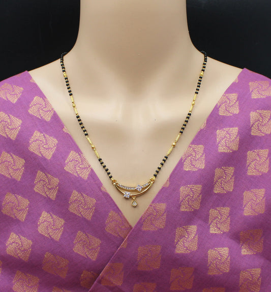 Designer Gold-Plated Mangalsutra with Dual CZ Charms & Black Beads