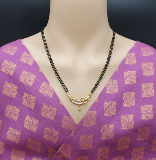 Elegant Double-Line Black Bead Mangalsutra with CZ Stone Pendant