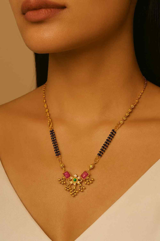 Traditional Gold-Plated Mangalsutra with Ruby-Green Stones & Black Beads – Premium Bridal & Daily Wear Design