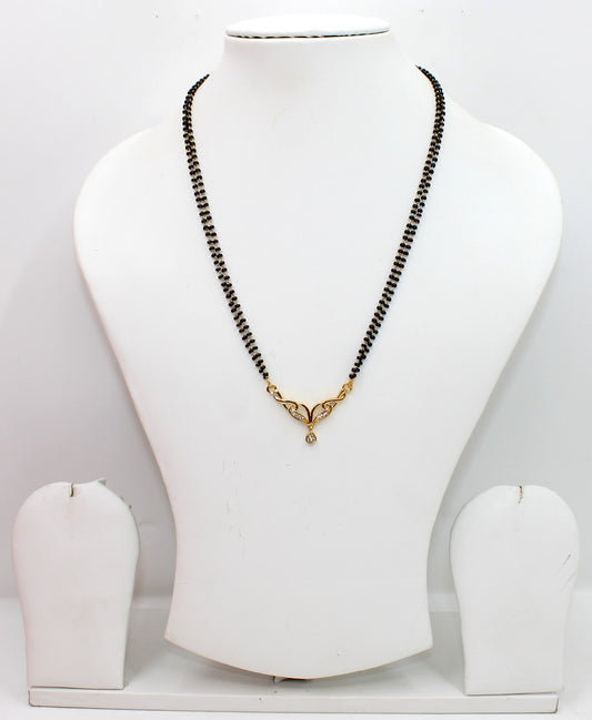 Elegant Double-Line Black Bead Mangalsutra with Heart-Inspired CZ Pendant