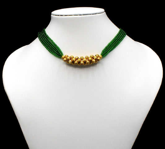 Elegant Green Beaded Choker with Golden Cluster Centerpiece – Designer Ethnic Necklace for Women