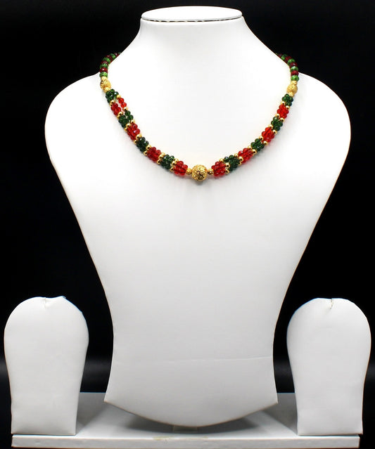 Classic Red & Green Beaded Necklace with Golden Centerpiece – Traditional Festive Jewellery for Women