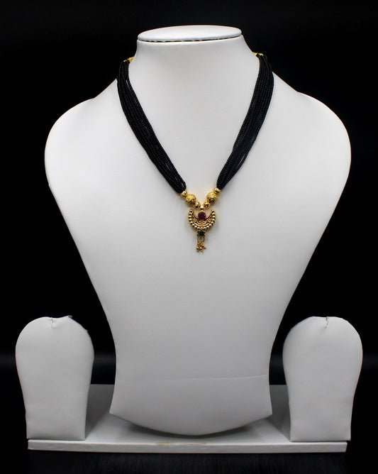 Graceful Moon Pendant Mangalsutra – Gold Plated Black Bead Necklace with Ruby Stone Charm ✨