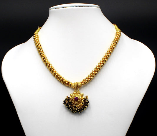 Traditional Gold-Plated Beaded Mangalsutra Necklace with Red Stone Pendant – Elegant Bridal & Festive Jewellery
