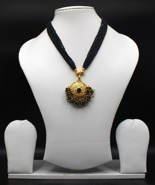 Traditional Round Designer Mangalsutra – 1 Gram Gold Plated with Pink Stone & Multi-Layer Black Beads ✨