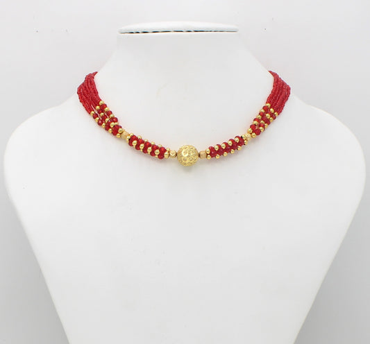 Royal Ruby Red Beaded Choker Necklace with Gold-Plated Center Bead – Elegant Traditional Festive Jewellery