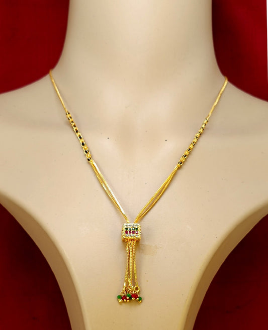 Gold-Plated Mangalsutra with Black Beads & Multicolor Stone Pendant – Elegant Daily & Festive Wear