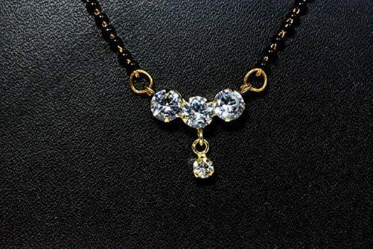 Triple Diamond Drop Mangalsutra – Elegant Gold-Plated Black Bead Chain ✨