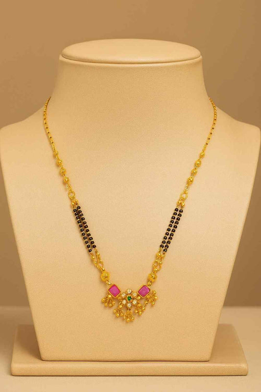 Traditional Gold-Plated Mangalsutra with Ruby-Green Stones & Black Beads – Premium Bridal & Daily Wear Design
