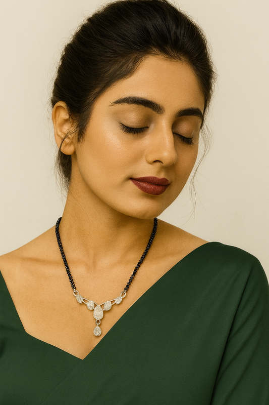 Elegant Double Chain Silver-Plated Mangalsutra with CZ Teardrop Leaf Design – Modern Daily & Festive Wear