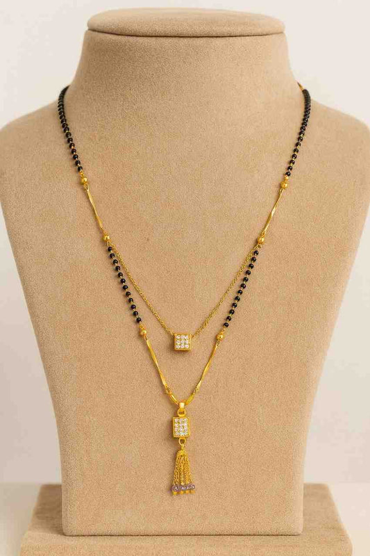 Dual-Layer Square Pendant Mangalsutra – Premium Gold-Plated Black Bead Chain for Modern Brides
