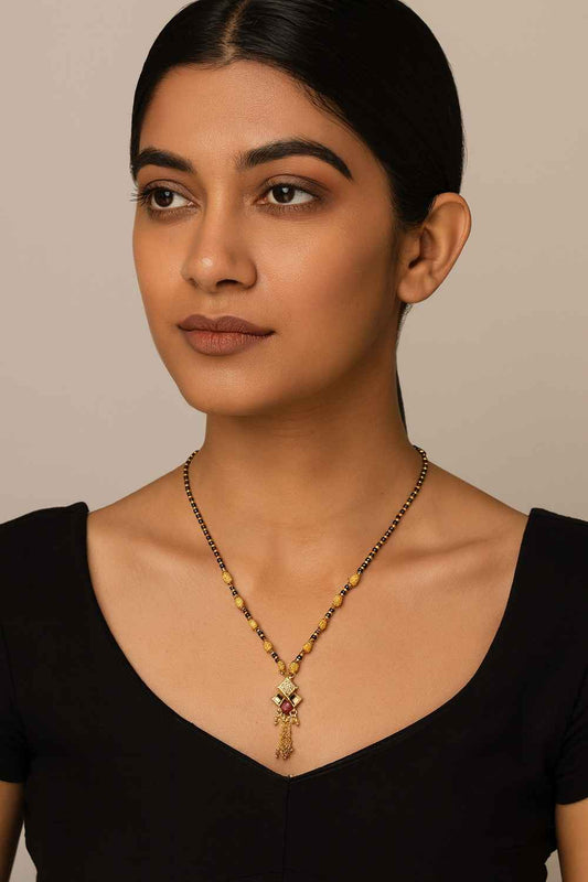 Royal Gold-Plated Traditional Mangalsutra – Purple Stone Pendant with Black Beads