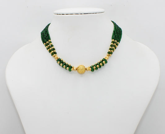 Emerald Green Beaded Choker Necklace with Gold-Plated Center Bead – Elegant Festive & Wedding Jewellery