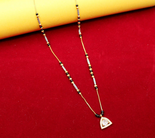 Gold-Plated Mangalsutra with Black Beads & Stone-Studded Triangle Pendant – Elegant Daily Wear