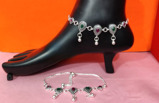 Elegant Oxidised Silver-Plated Payal with Red & Green Pear Stones – Traditional Ghungroo Anklet for Women