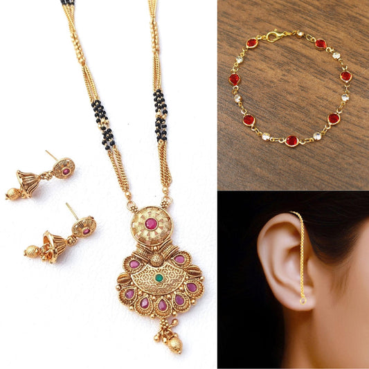 Soni Jewellery Gold Plated Black Beads Managsutra set, Breacelet & Ear chain combo For Women (Pack Of 3) (1 Long Mangalsutra Set, 1 Bracelets, 1 Pair Ear-Chain)