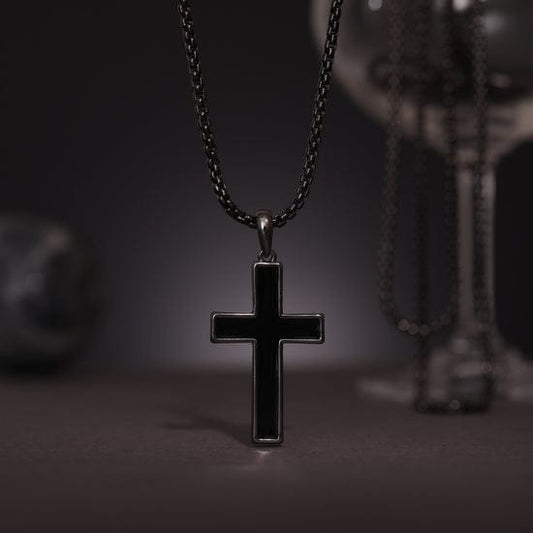 MOOHAM Cross Necklace for Men Black Stainless Steel Plain Cross Pendant Necklace for Men Box Chain 16-30 Inch