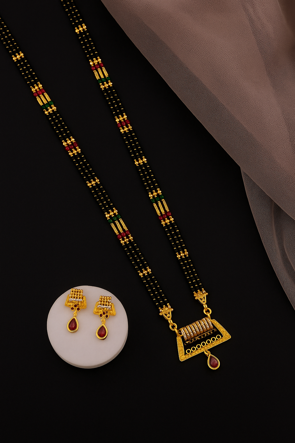Traditional Gold-Plated Mangalsutra with Red Stone Pendant & Earrings – Bridal Jewellery Set