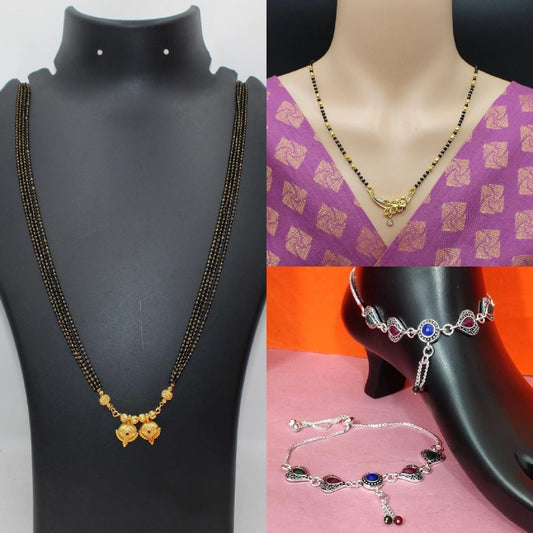Soni Jewellery Alloy Gold-plated Mangalsutra Combo & Anklet Combo For Women (Pack Of 3) (1 Vati Mangalsutra, 1 Short Mangalsutra, 1 Pair Anklet)