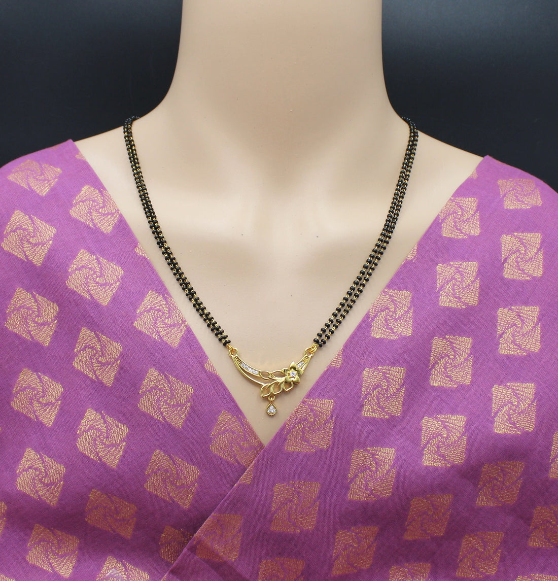 Elegant Floral Pendant Mangalsutra with Double Black Bead Chain & CZ Stones