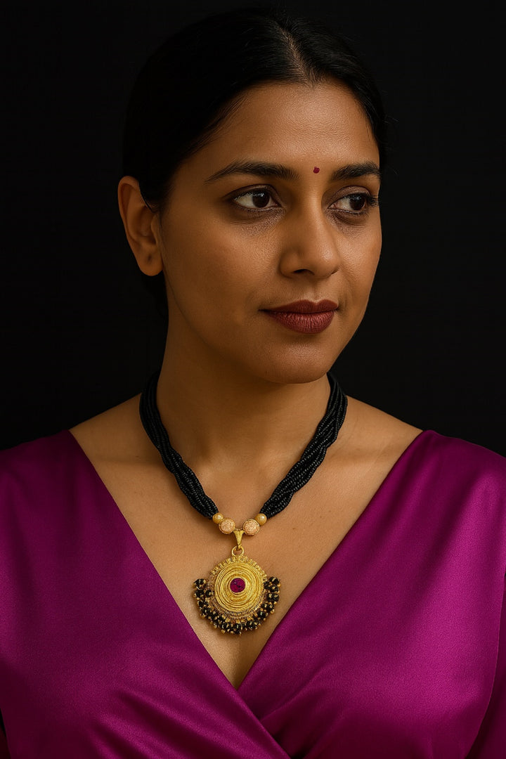 Traditional Round Designer Mangalsutra – 1 Gram Gold Plated with Pink Stone & Multi-Layer Black Beads ✨