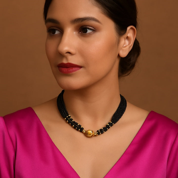 Classic Round Bead Mangalsutra – 1 Gram Gold Plated Black Bead Choker Necklace ✨