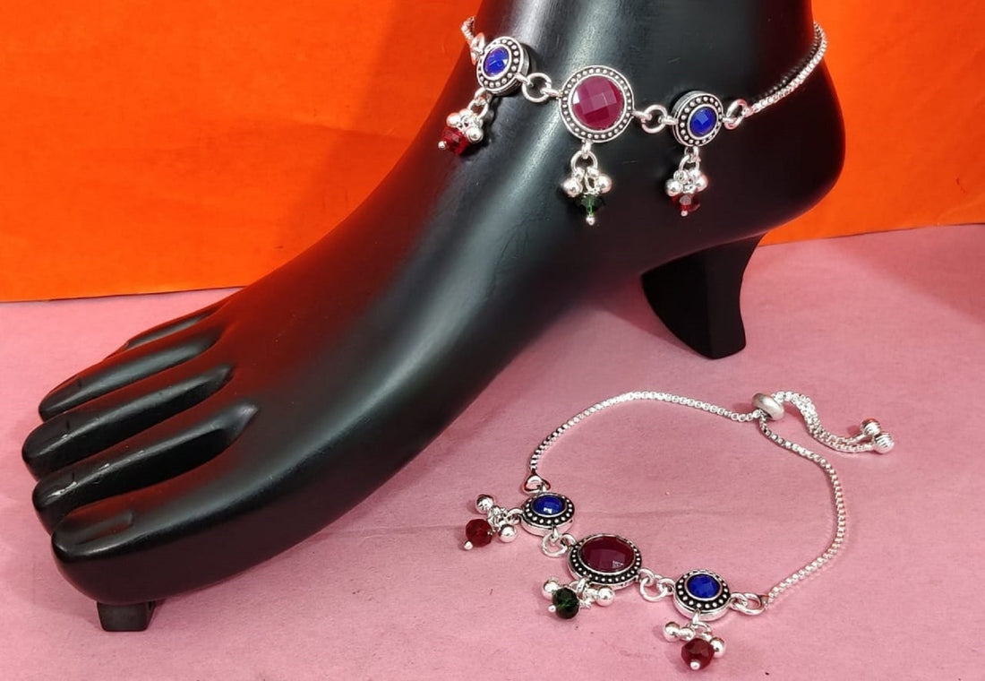 Color Stone Silver-Plated Payal with Blue & Red Beads – Stylish Ghungroo Anklet for Women