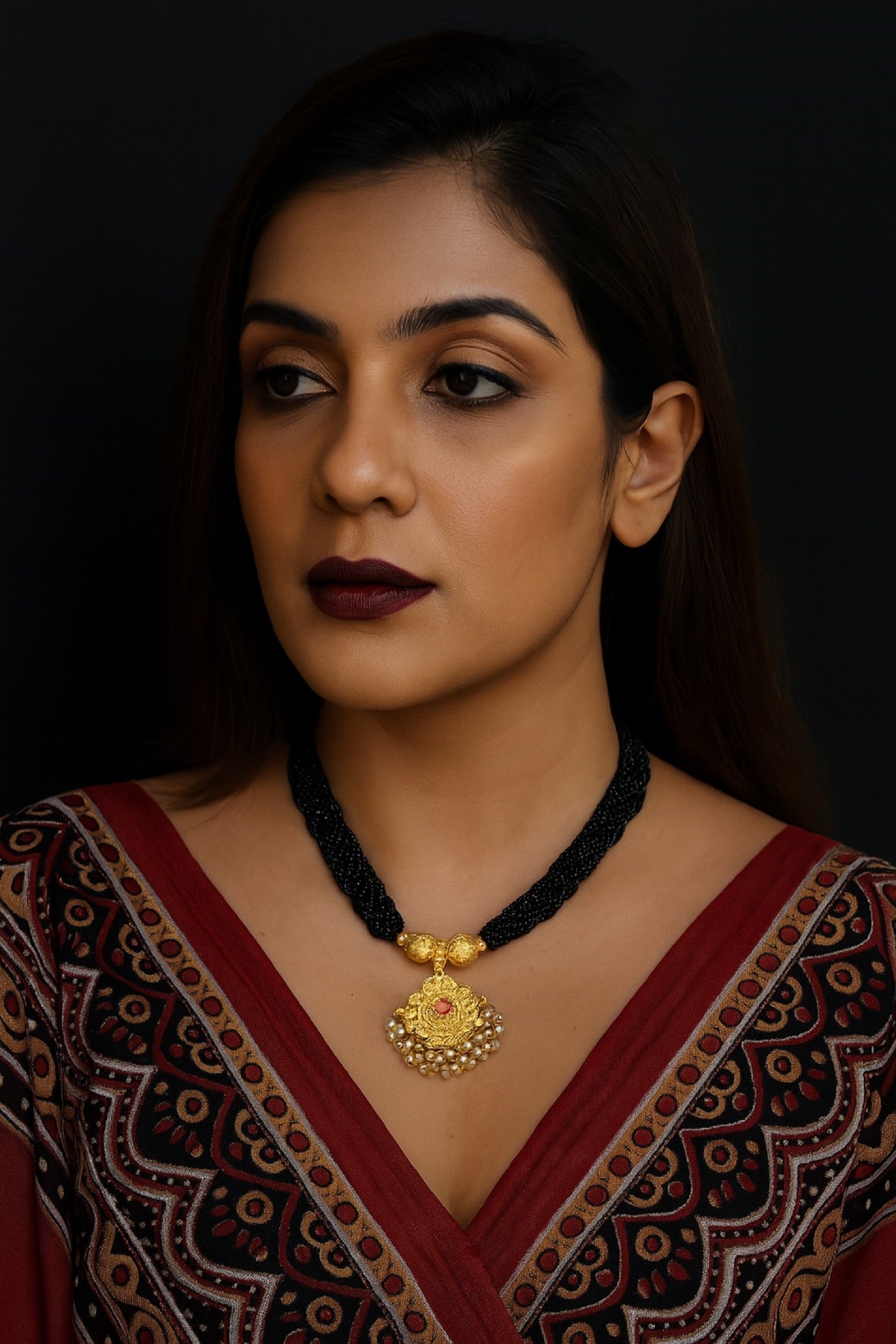 Royal Temple Design Gold Plated Mangalsutra – Multi-Layer Black Bead Choker with Pearl Drops ✨