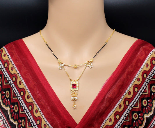 Traditional Red Stone Square Pendant Mangalsutra – Royal Elegance with Pearl Drops ❤️