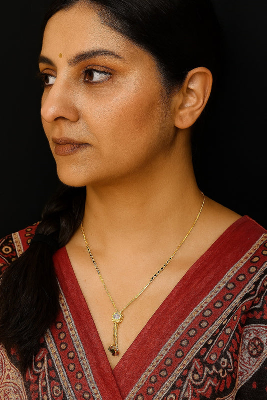 Gold-Plated Mangalsutra with Black Beads & Multicolor Stone Pendant – Elegant Daily & Festive Wear