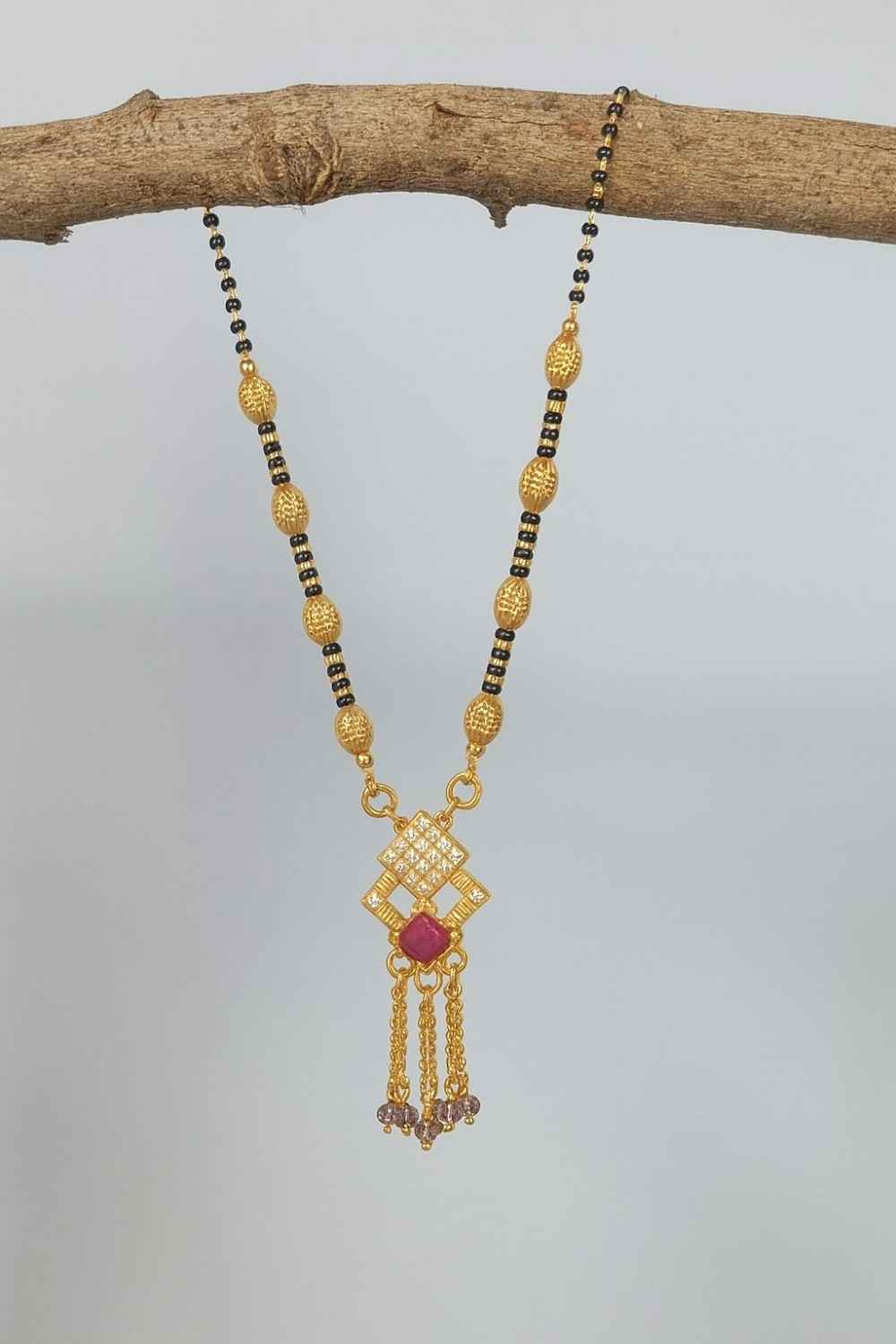 Royal Gold-Plated Traditional Mangalsutra – Purple Stone Pendant with Black Beads