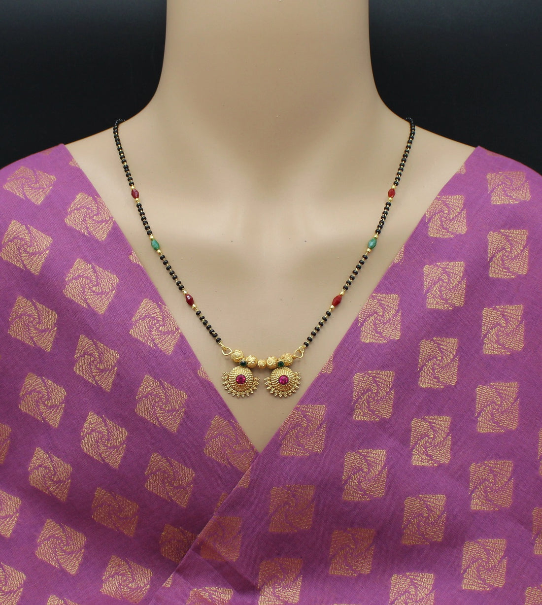 Traditional Red-Green Beaded Double Pendant Mangalsutra – Elegant Gold Plated Design ❤️💚