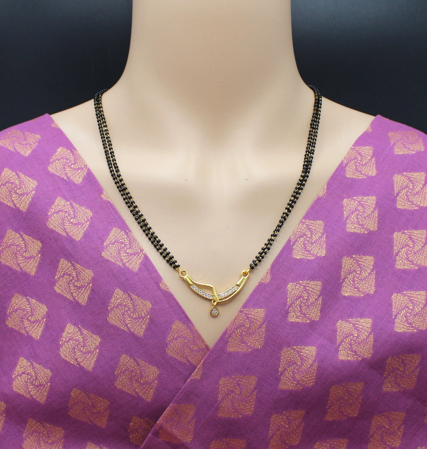 Classic Double-Line Black Bead Mangalsutra with CZ Stone Pendant