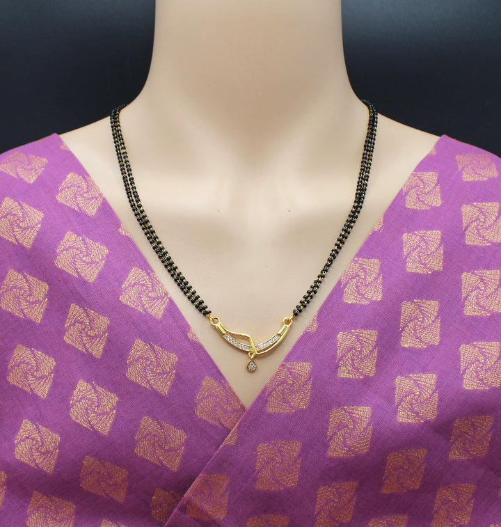 Classic Double-Line Black Bead Mangalsutra with CZ Stone Pendant