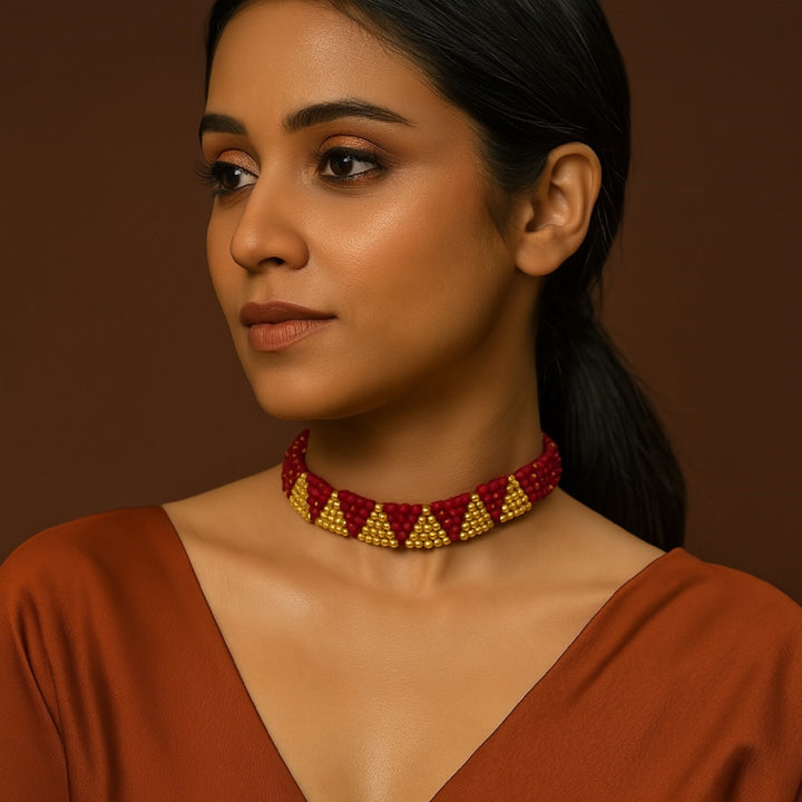 Handcrafted Red & Gold Beaded Choker Necklace – Bold Ethnic Statement Jewellery for Women