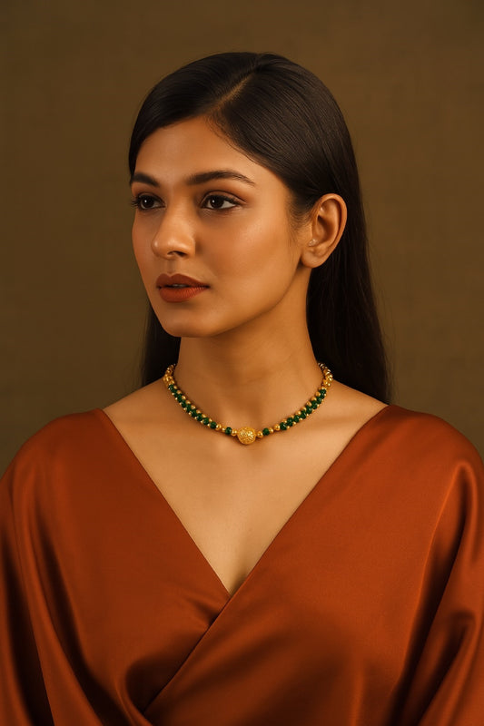 Emerald Green & Gold Beaded Choker Necklace – Elegant Festive & Wedding Jewellery for Women