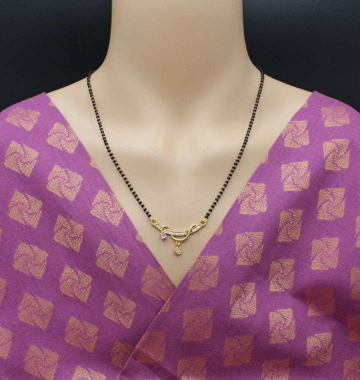 Stylish Gold-Plated Mangalsutra with Pink & White CZ Stones